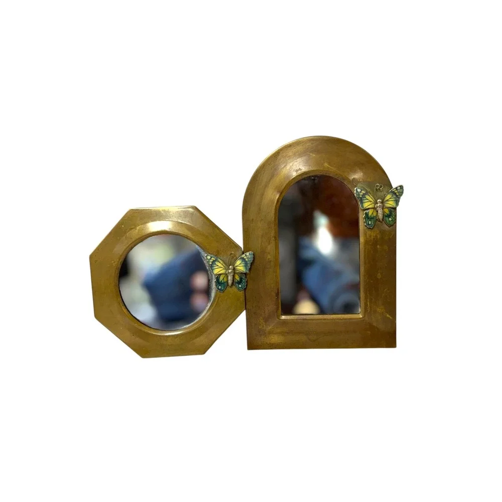 Vintage Brass Butterfly Wall Mirror Set Enameled Accents Octagon Arch Decor